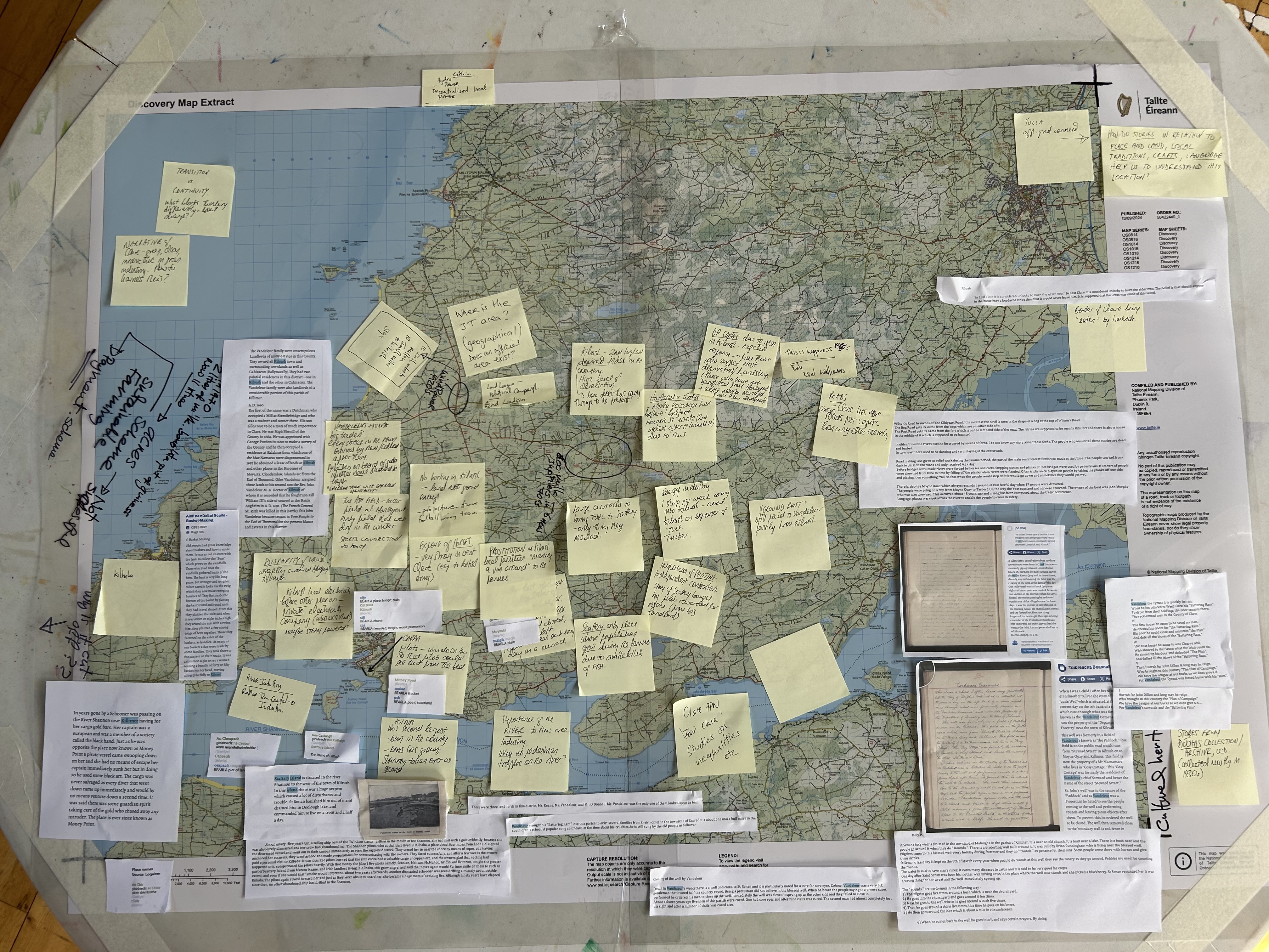 A photo showing the mapping process of a Kilrush map with postit notes of participants thoughts and inputs
